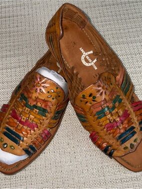 Handwoven Tan Leather Huarache Slip-On with Colorful Inlays says 39.5 / 9-9.5 US